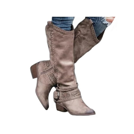 

Zodanni Ladies Comfort Winter Knee High Shoes Walking Western Cowgirl Pull On Shoe Retro Non Slip Wide Calf Dark Khaki 5.5