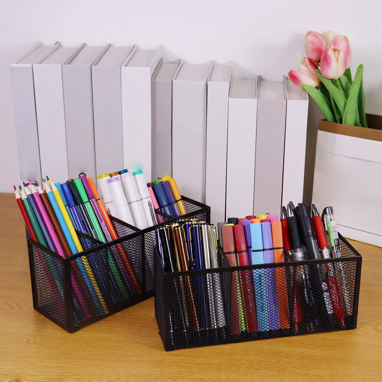Piwvid Black Metal Mesh Desktop Pen Holder with 3 Compartments, Industrial Style Desk Organizer Stand, Compact Storage Caddy for Brushes Markers and Daily Office Stationery Supplies