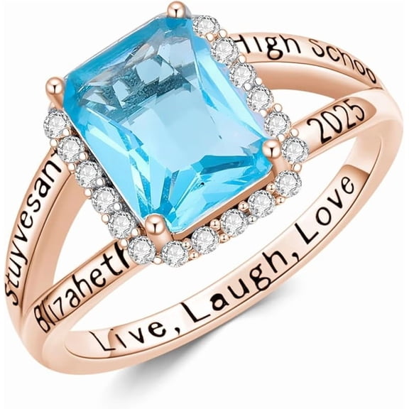 10K/14K/18K Gold/Sterling Silver Class Ring for Women Customized High School College University Women's Class Ring Personalized 2 Carat Birthstone Ring Size 4-15 Graduation Ring Engraved Name