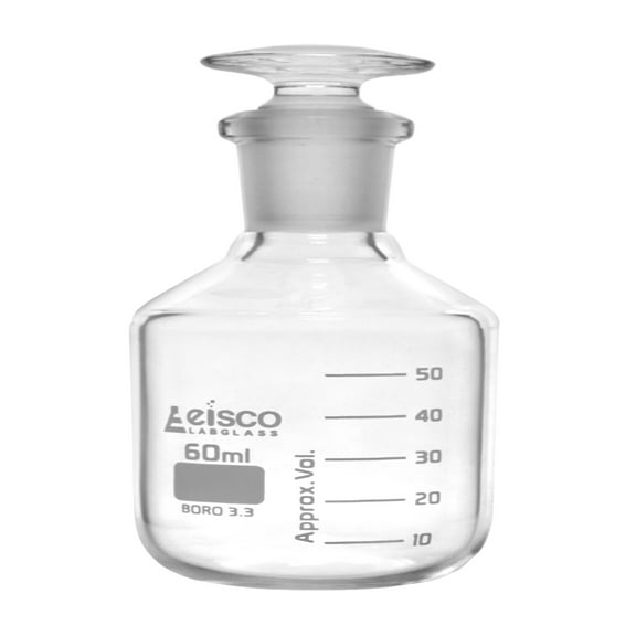 EISCO Reagent Bottle, 60mL - Graduated - Narrow Mouth with Solid Glass Stopper - Borosilicate Glass