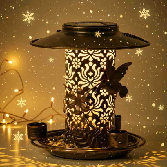 Naipo Solar Bird Feeder for Outdoors Hanging, Metal Wild Bird Feeder for Cardinals Solar Garden Lantern with S Hook as Gift for Bird Lovers