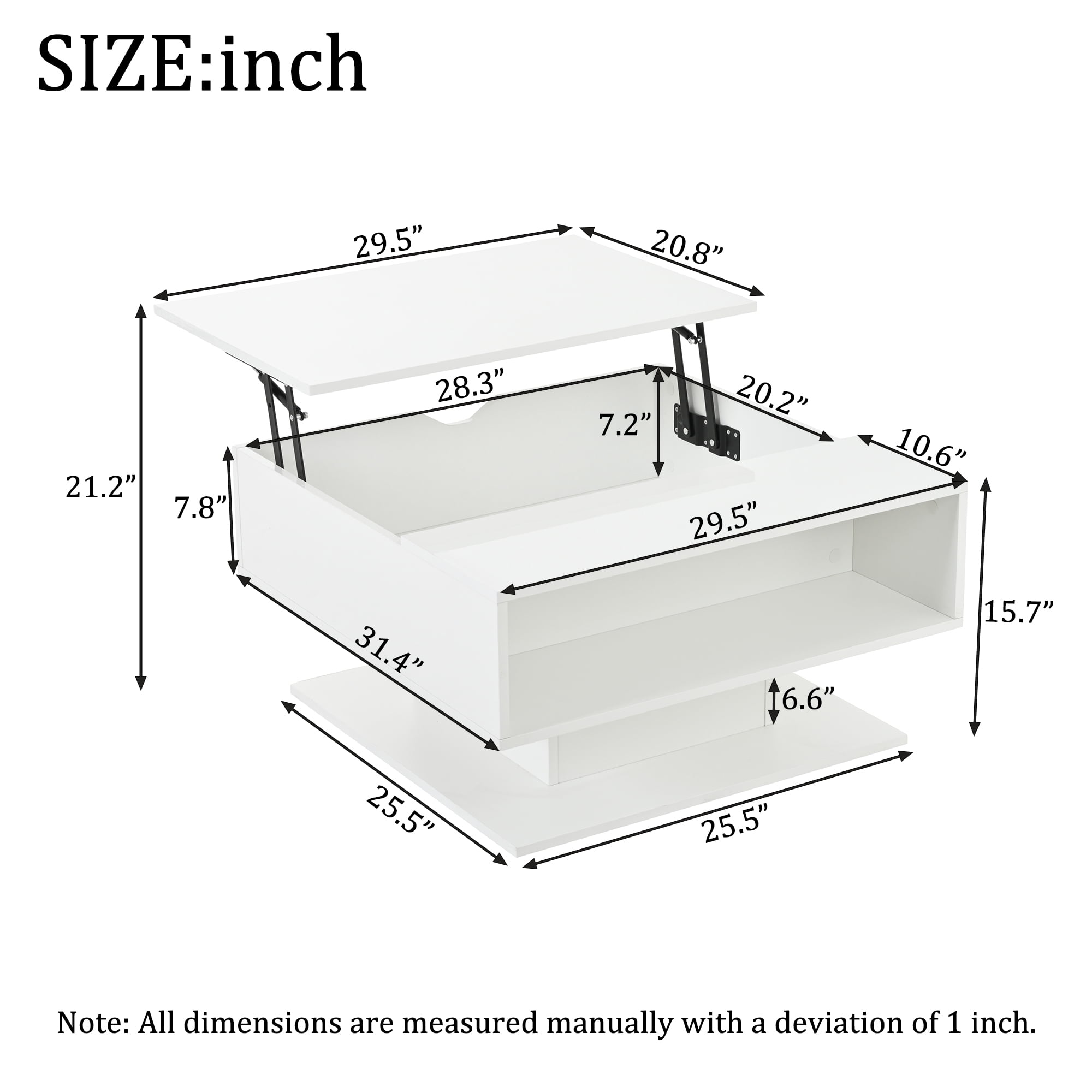 Homy Casa, table basse relevable blanche avec DEL, rangement ouvert et fini haute brillance pour salon