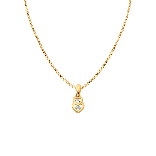 Precious Stars 14K Yellow Gold Cubic Zirconia Ladies Overlapping Double Heart Pendant with 16" Chain Necklace
