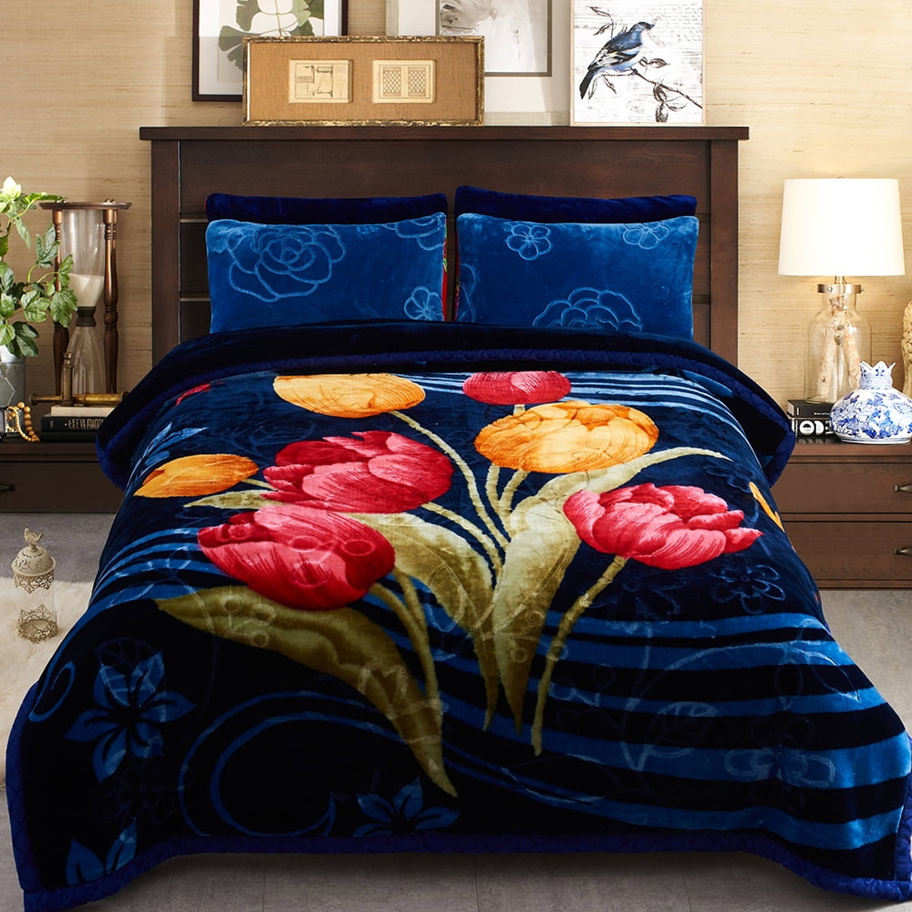 Heavy Korean Mink Plush King Size Fleece 10lb Blanket, Black & Blue