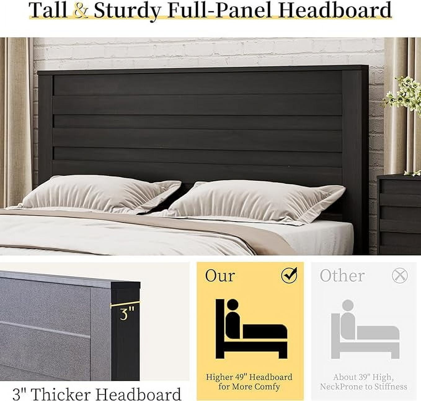 VanAcc Full Size Bed Frame with 49" Tall & Full-Panel Headboard, Farmhouse Platform Bed with Wood Slats & Metal Bed Frame, Noise Free