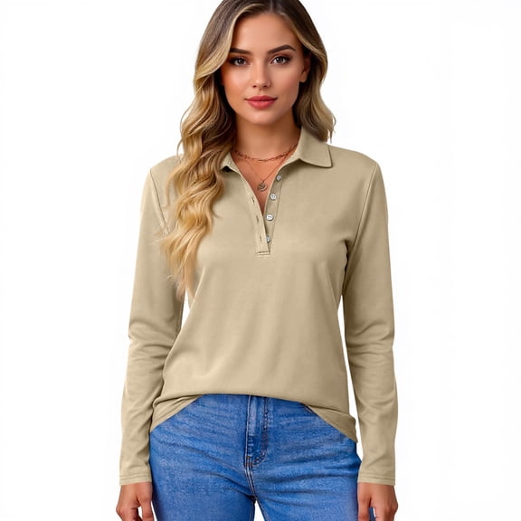 Dwellite Women's Long Sleeve Polo Shirts Golf Tops Wicking Collared Shirt Button Business Casual Tops Khaki 2XL