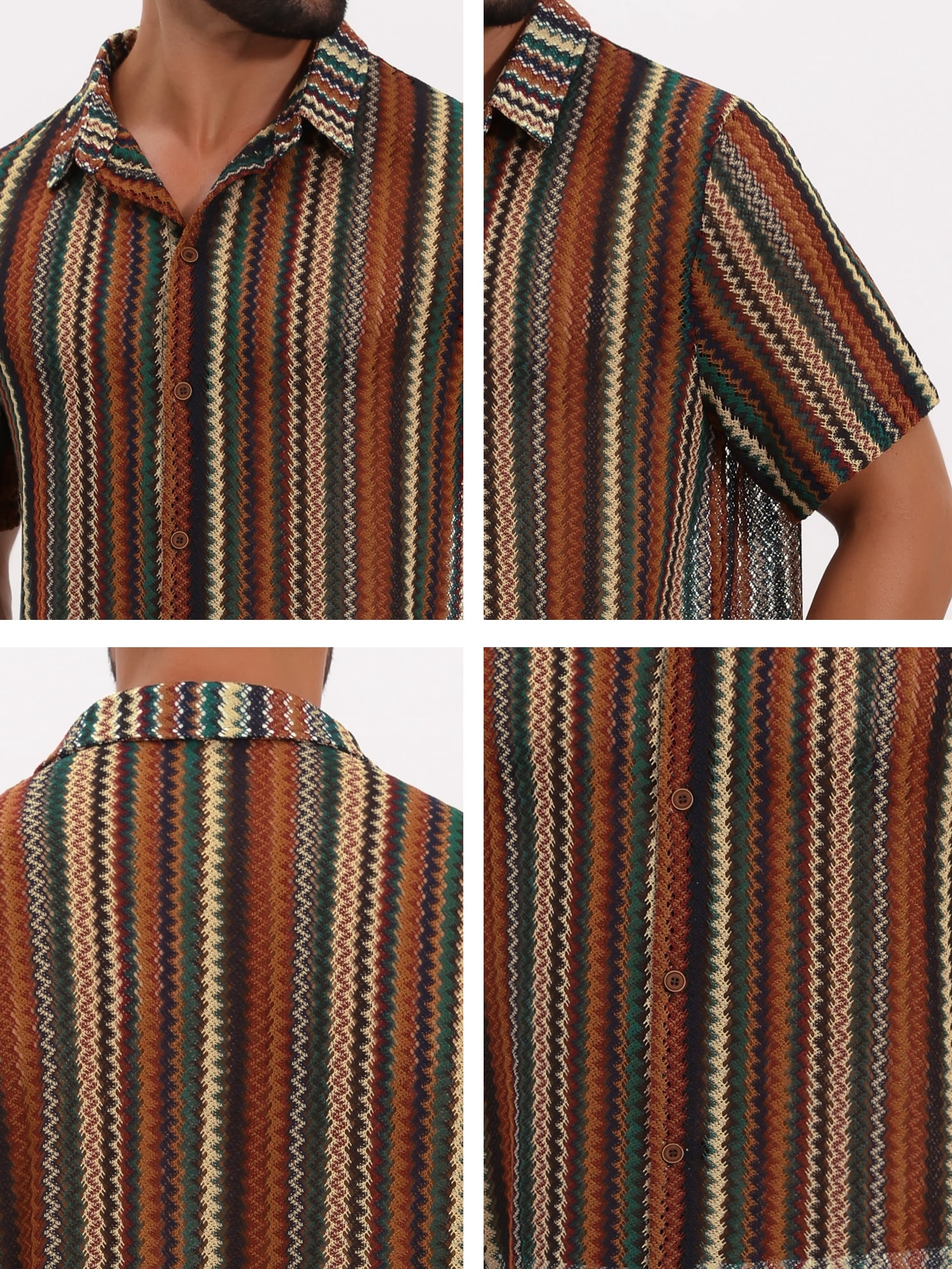 DARING DIVA Men's Striped Short Sleeve Button Down See Through Shirts L Brown Green