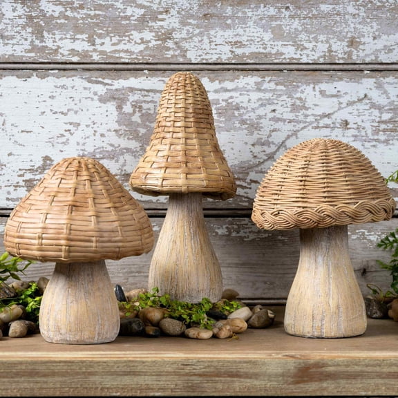 Melrose Wicker Basketweave Etched Mushroom Figurines - 8.25" - Beige - Set of 3