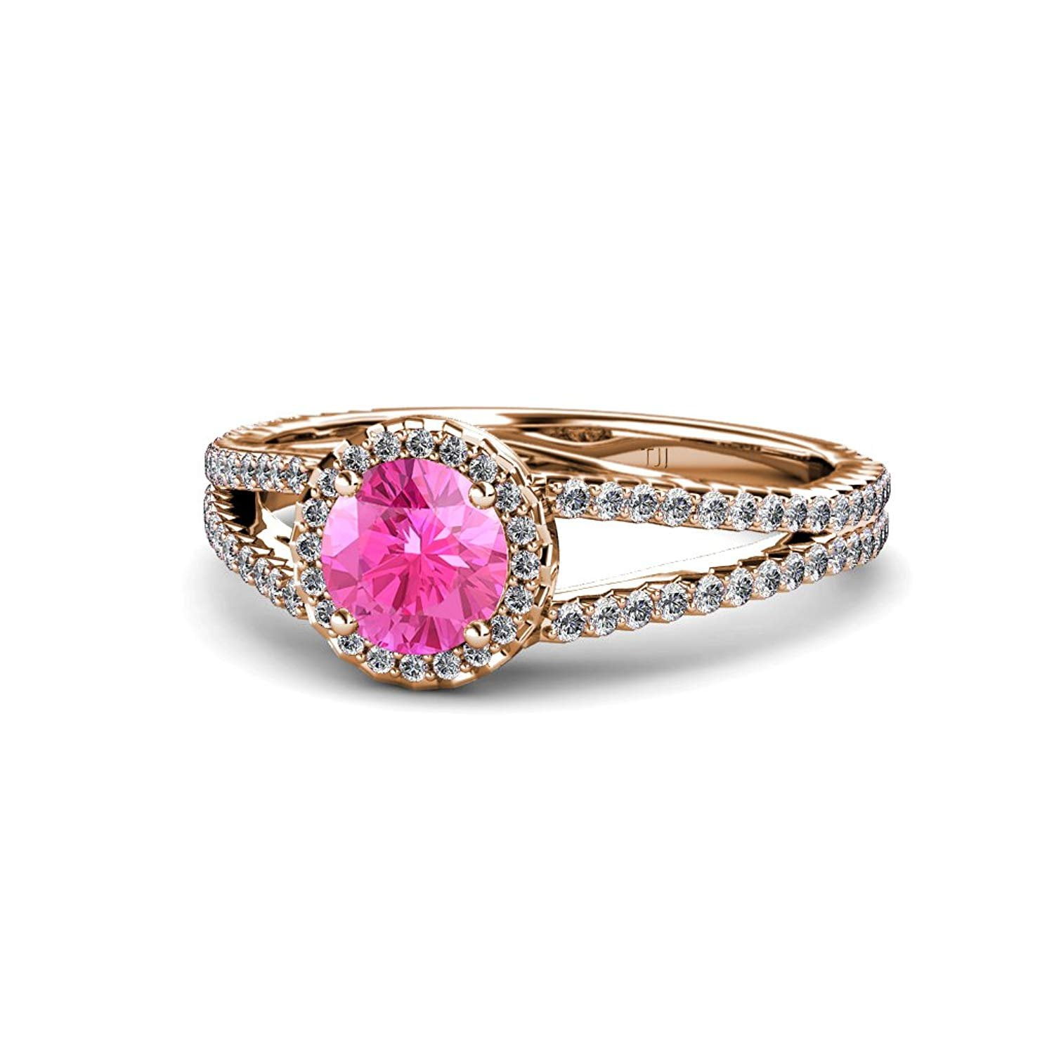 Pink Sapphire and Diamond (SI2-I1, G-H) Halo Engagement Ring 1.33 ct tw in 14K Rose Gold.size 4.5 by TriJewels