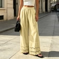thumbnail image 4 of Karymi Shorts for Women Solid Linen Blend Palazzo Pants, High Waist Pleated Long Trousers, Scalloped Eyelet Lace Hem Beach Vacation Pants With Pocket Capri Pants for Women, 4 of 5