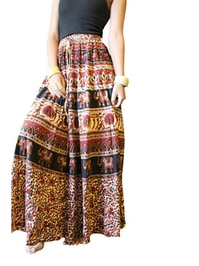Mogul Women Maxi Long Skirt Animal Printed A-Line Cotton Summer Style Handmade Skirts S/M