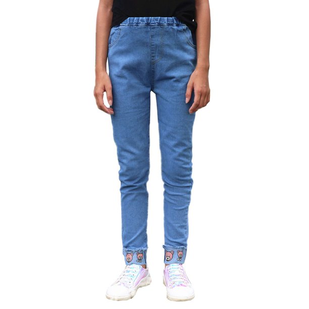 Littler Girls Embroidered Elastic Waist Band Inside Cute Slim Jeans