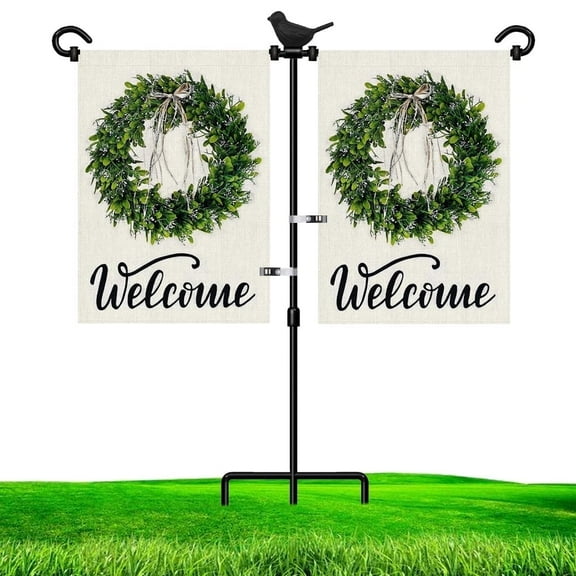 Garden Flag Stand Holder for Double Flags with Bird Design 37H x 30W Inches Black Wrought Iron Dual