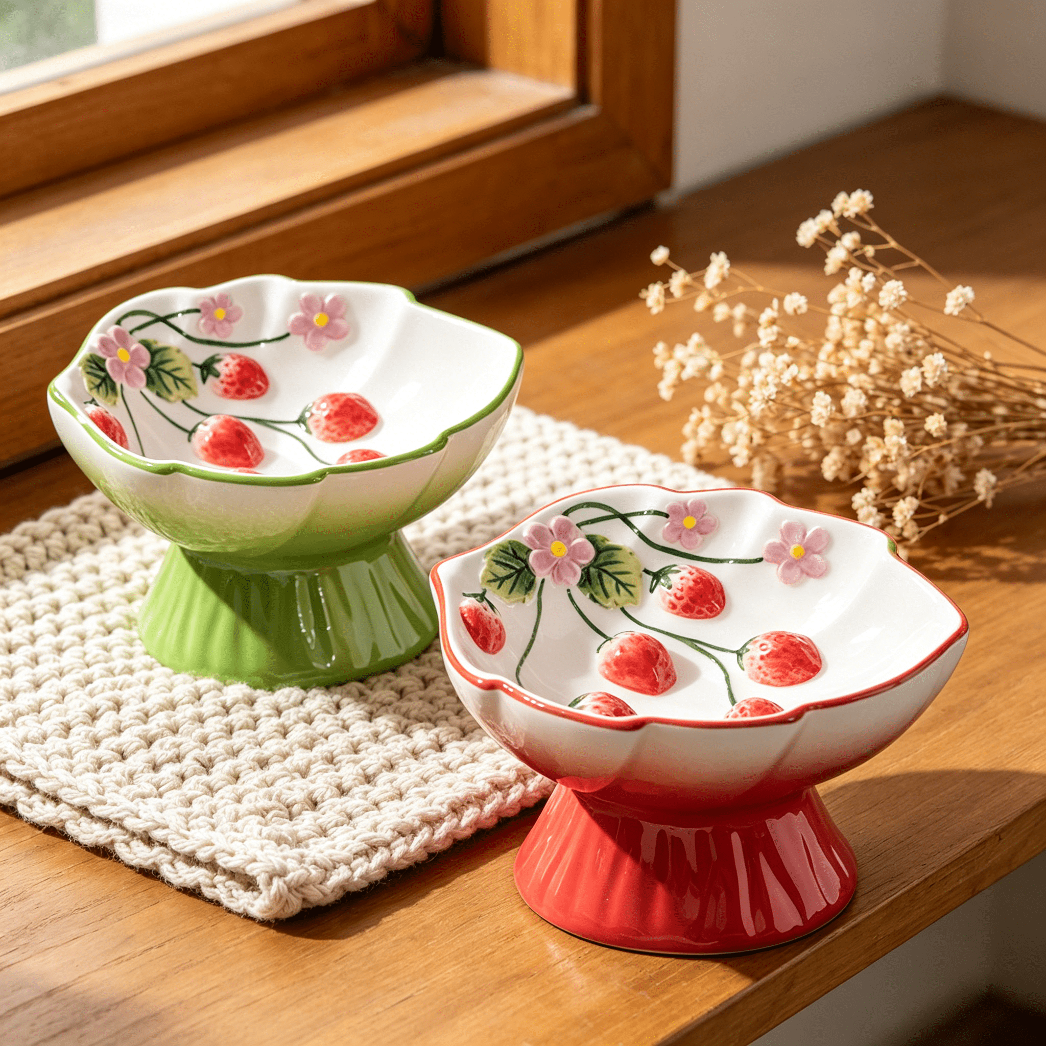 ACDANC 2026 New Ceramic Cat Slow Feeder,Cute Strawberry Shape Elevated Food Bowl,Shallow Raised Cat Dish,Anti Vomiting Whisker Fatigue Bowls Slow Feeder Bowl