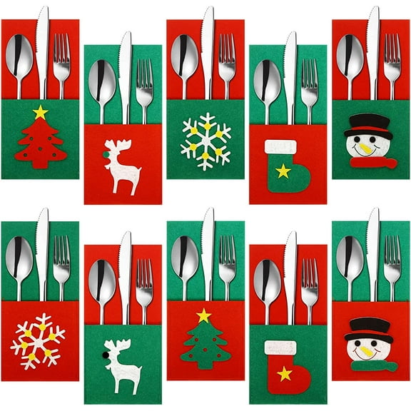 10PCS Christmas Silverware Holder Pocket Tableware Cutlery Organizers Felt Xmas Tree Snowman Reindeer Snowflake Stocking Knife Fork Flatware Bags Christmas Party Dinner Table Supplies