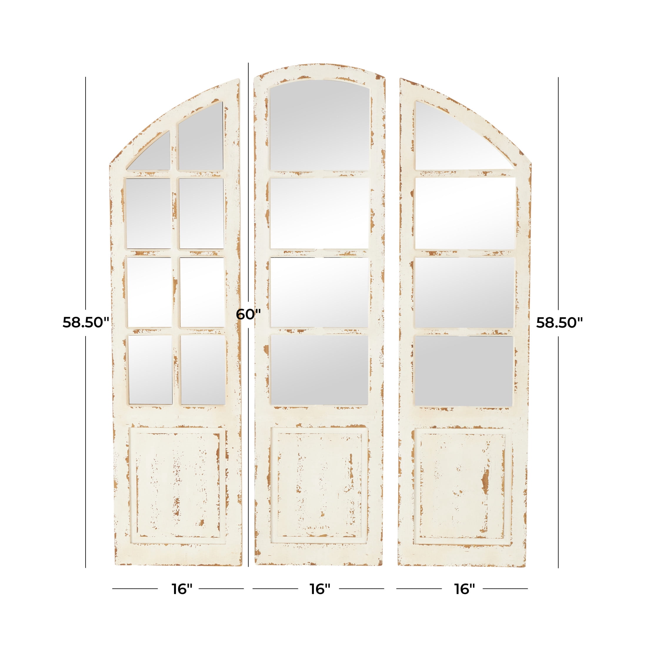 DecMode 60", 59", 59"H White Window Pane Inspired Wall Mirror with Arched Top and Distressing, Set of 3