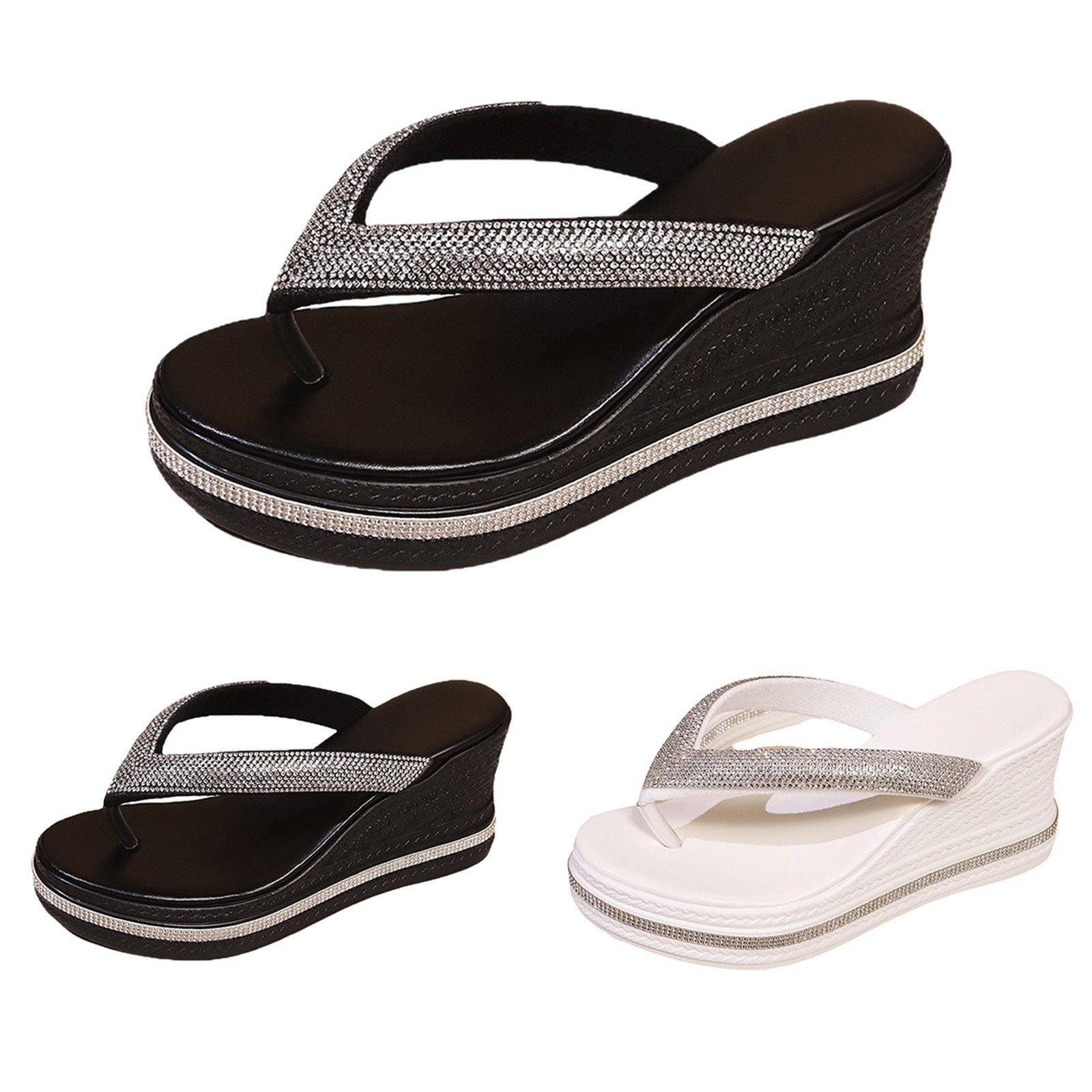 AUDeals Women's Wedge Sandals, T Strap Slip On Shoes with Jewel Detail, Sparkly Open Toe Summer Style for Casual Wear