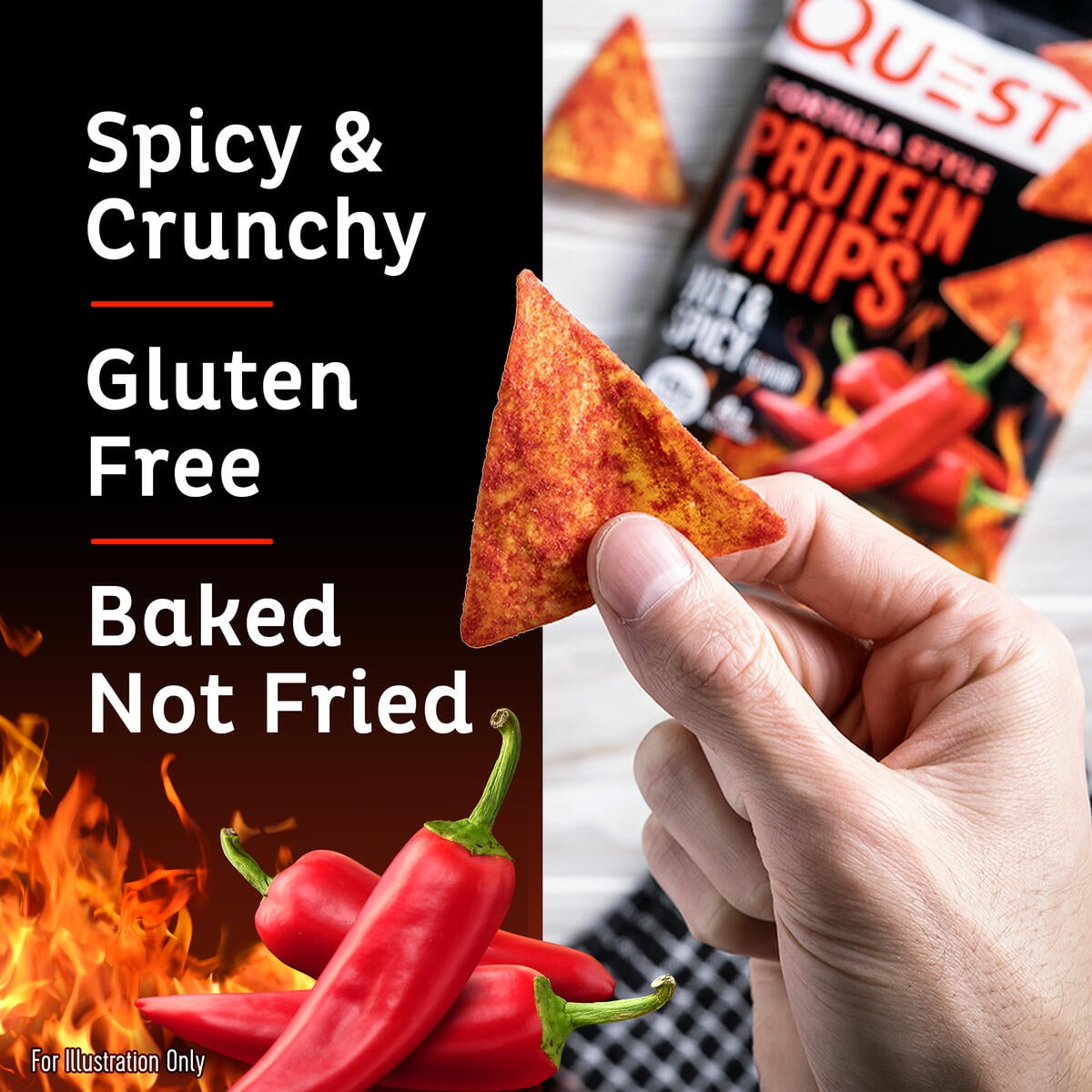 Quest Tortilla Style Protein Chips, Hot & Spicy Flavor, Baked, 19g Protein, 1.1oz Bags, 4 Count