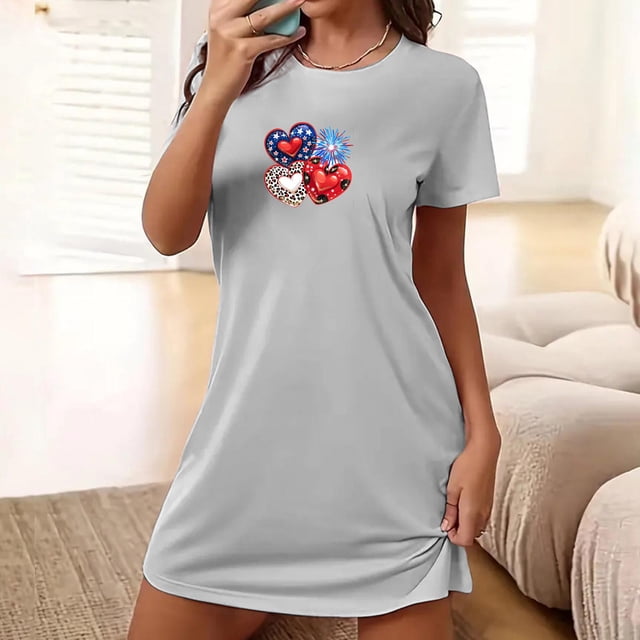 Robe pour Femmes, Shorts pour Femmes, Chemise de Nuit Courte Ample pour Femmes Imprimée à Col Rond et Manches Courtes