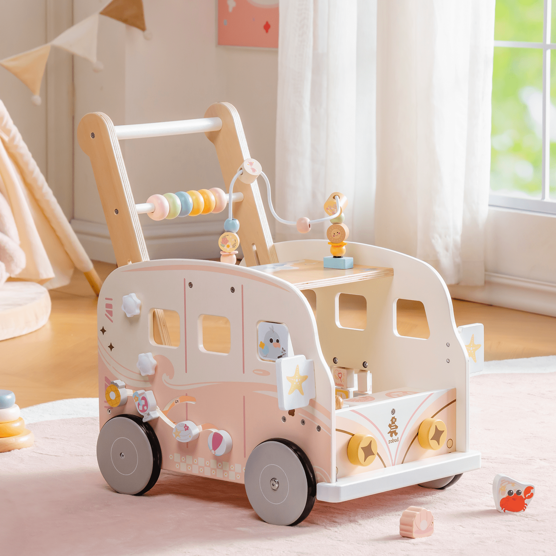 ROBUD Wooden Baby Push Walker Toy, Vacation Bus Theme with Activity Blocks, Sound & Light, Adjustable Speed, Learning Walker Gift for Toddlers 12+ Months,Pink