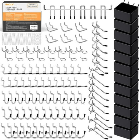 INCLY 170PCS 1/4 Inch Pegboard Hooks Kit, Extra Thick Heavy Duty Peg Board Organizer Accessories Assortment with Pegboard Bins & Peg Lock for Only 1/4" Pegboard Hanging Tools Garage Wall Attachment