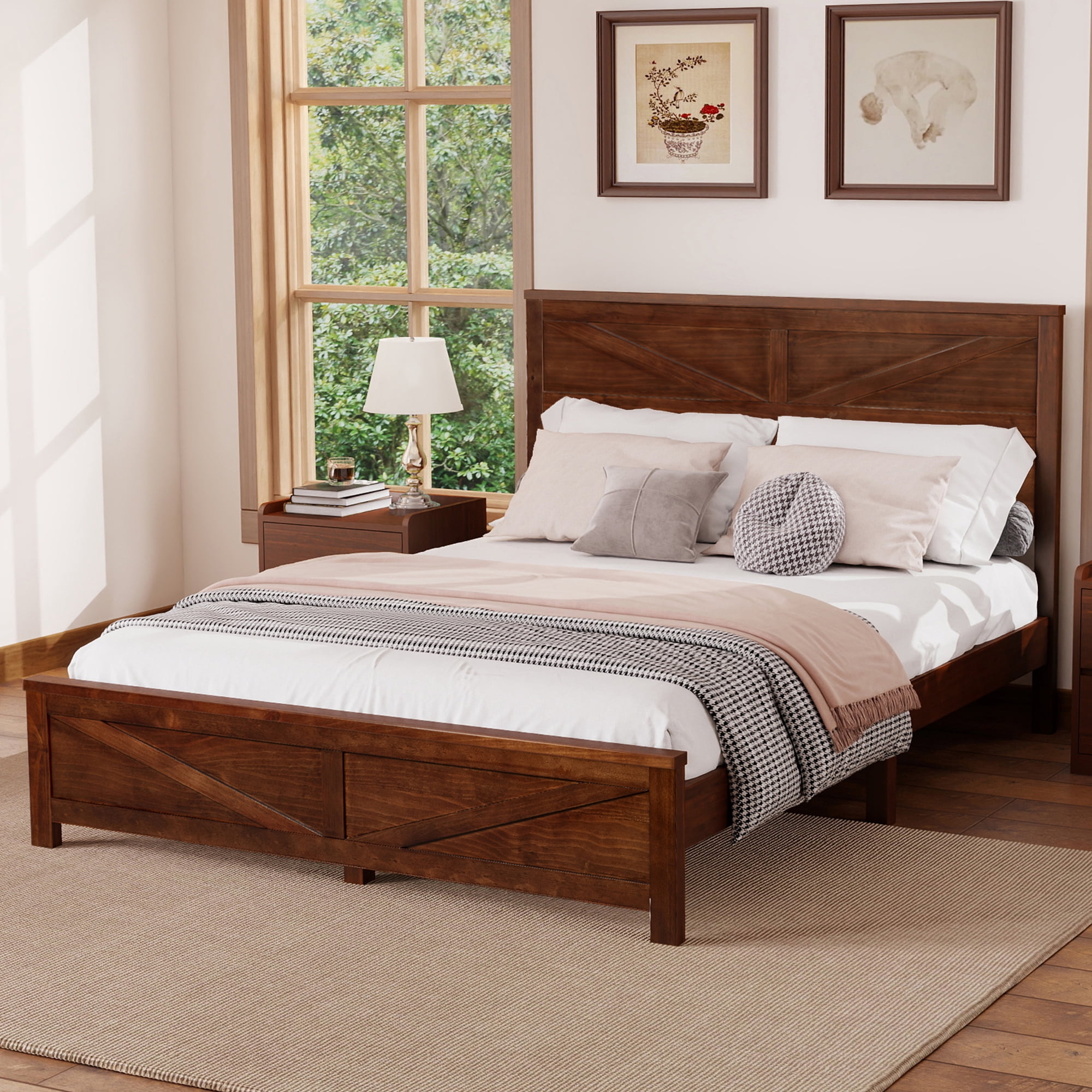 Mintazer Farmhouse Queen Size Platform Bed with Under-Bed Storage, Platform Bed Frame with Headboard & Footboard for Bedroom, Walnut