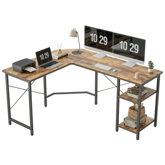 DESINO 59.1 Inch L Shaped Computer Desk, Gaming Table with adjustable Shelves, Home Office Desk for Writing Gaming Study Reversible, Rustic Brown