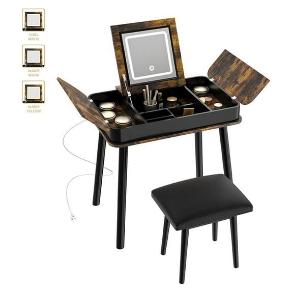 Wooden Vanity Desk with Mirror, Lights, Chair & Drawers - 32" Top Makeup Table and Stool Set in Brown