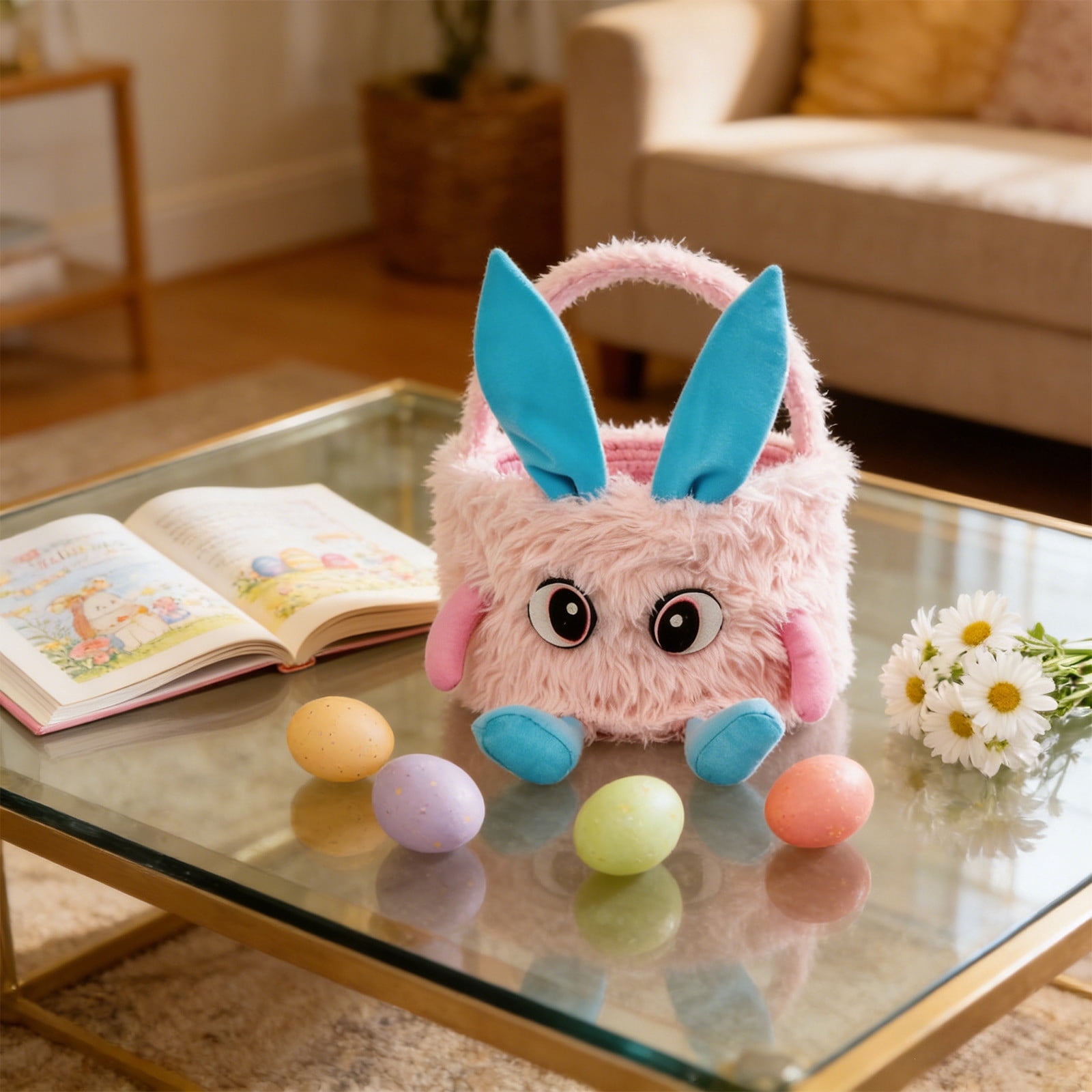 Kbndieu Plush Easter Basket, Cute Bunny Easter Baskets for Kids Boys Girls, Egg Hunting Easter Bucket with Rabbit Ears, Easter Tote Bags for Easter Decorations Candy Gifts Toy Storage