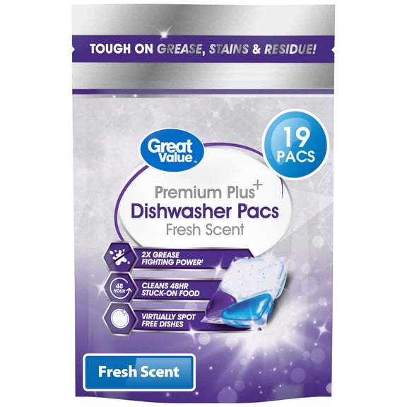 Great Value Premium Plus Dishwasher Pacs, Fresh Scent, 19 Count