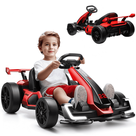 VIBESPARK 24V Electric Go Kart, Drift Go Kart for Kids with Adjustable Seat, Two Drive Modes, Ultra-Long Battery Life, Bluetooth, LED lights, Ride on Car for Kids 6-12, Red