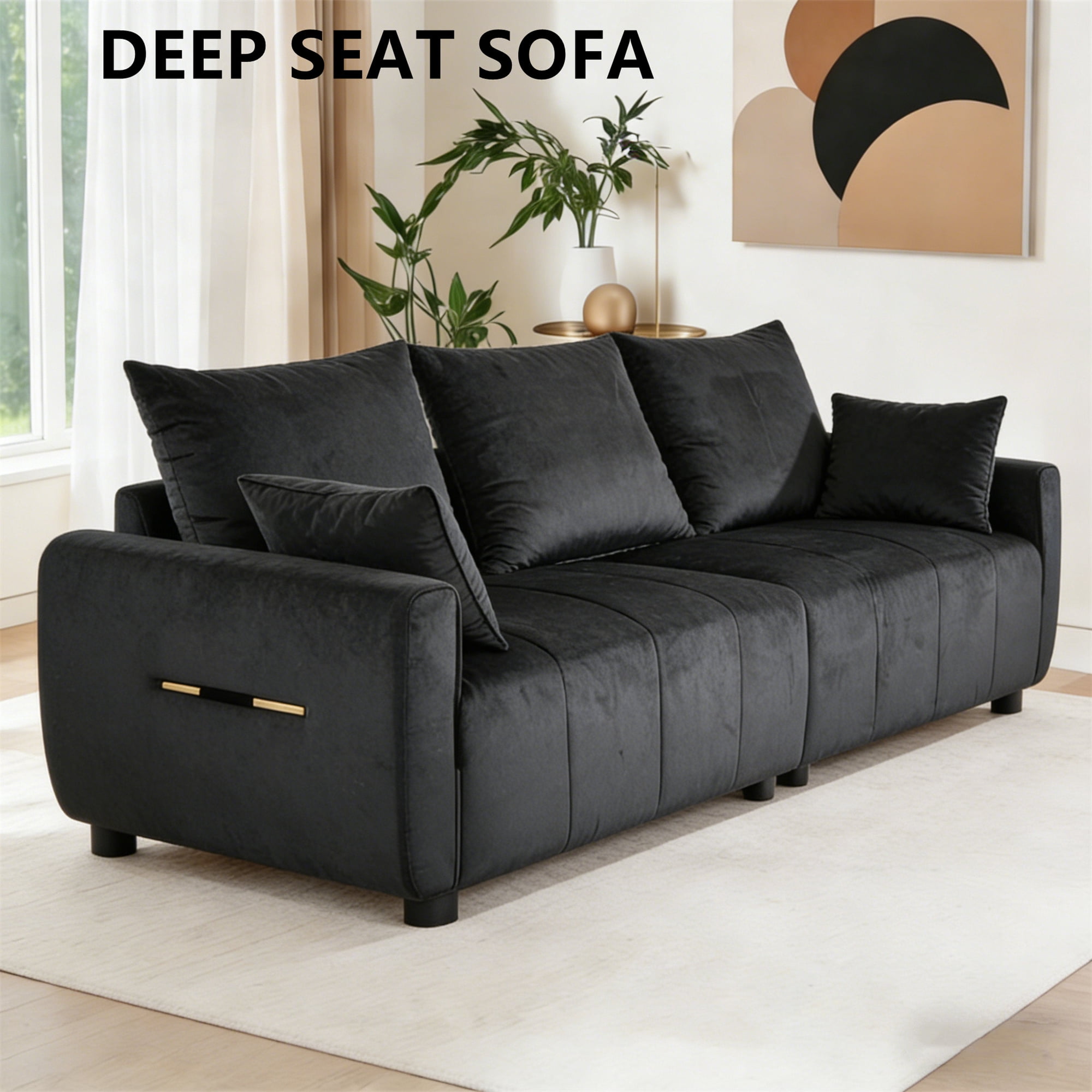Aukfa 83" Modern Sofa Couch for Living Room Bedroom, 26" Deep Seat, 5 Pillows, Velvet, Black