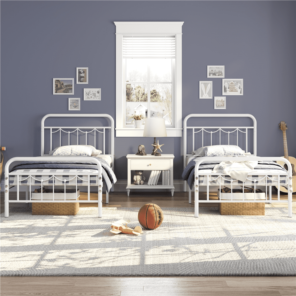 Alden Design Metal Platform Bed with Vintage Headboard and Footboard, Twin, White, Adult