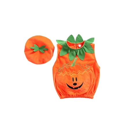 

Diconna Halloween Lovely Baby Girls Boys Vest Coat+Hats Pumpkin Printed Ruffles Collar Cosplay Outfits