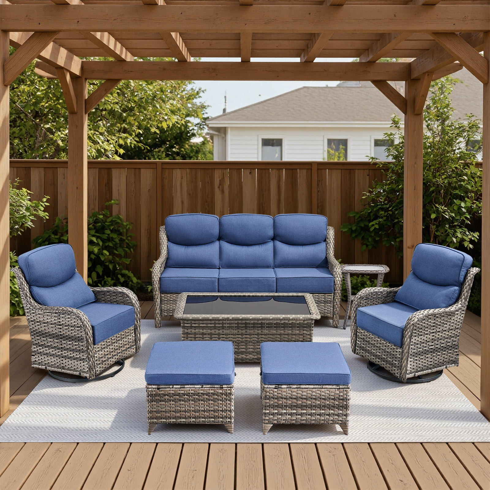POCASSY Luxury 6" Extra Thick Cushion Patio Furniture Set, 7-Piece Outdoor Patio Furniture Set with Swivel Patio Chairs, Sofa Couch and Coffee Table, Outdoor Conversation Set for Porch Balcony