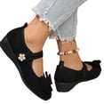 thumbnail image 5 of IEMIEMIEM Women's Mary Jane Flats Bow Pearl Rhinestone Floral Dress Shoes Adjustable Strap Low Wedge Comfort Walking Shoes Ballet Flats Casual Wedding Party Ballerina Flat 7 Wide Black, 5 of 9