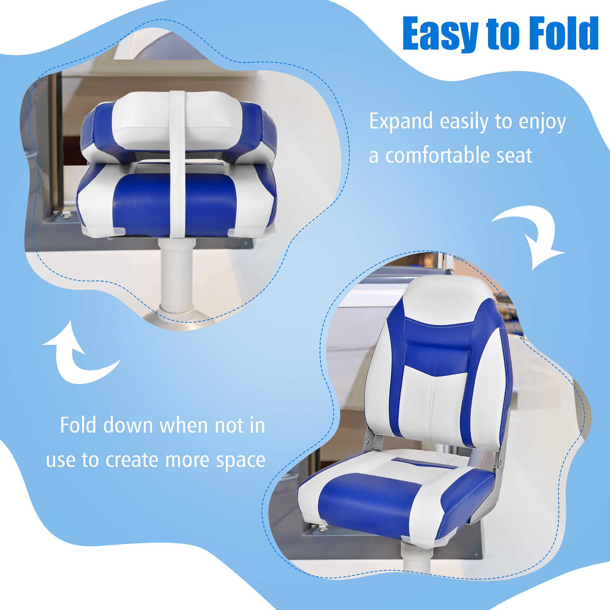 Costway High Back Folding Boat Seats w/ Blue White Sponge Cushion