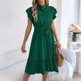 thumbnail image 4 of Bbyeadc Dresses for Women Midi Ruffle Short Sleeve Stand Collar Button Down Shirt Dresses Belted Waist Solid Color Vacation Sundresses,Green (M), 4 of 7