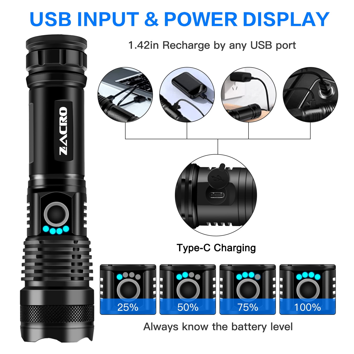 Zacro Rechargeable LED Flashlight, Powerful Super Bright Flashlight for Emergencies, Home, Camping