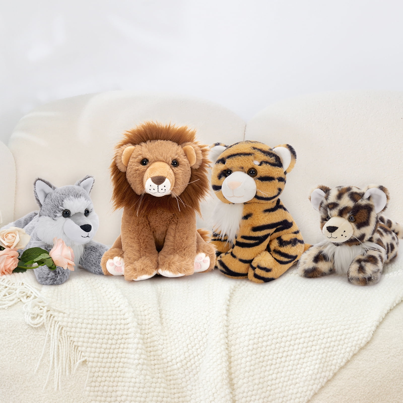 MaoGoLan 4 Pcs Safari Stuffed Animals Stuffed Forest Animals Lions/Tigers/Leopards/Wolf Plush Toy