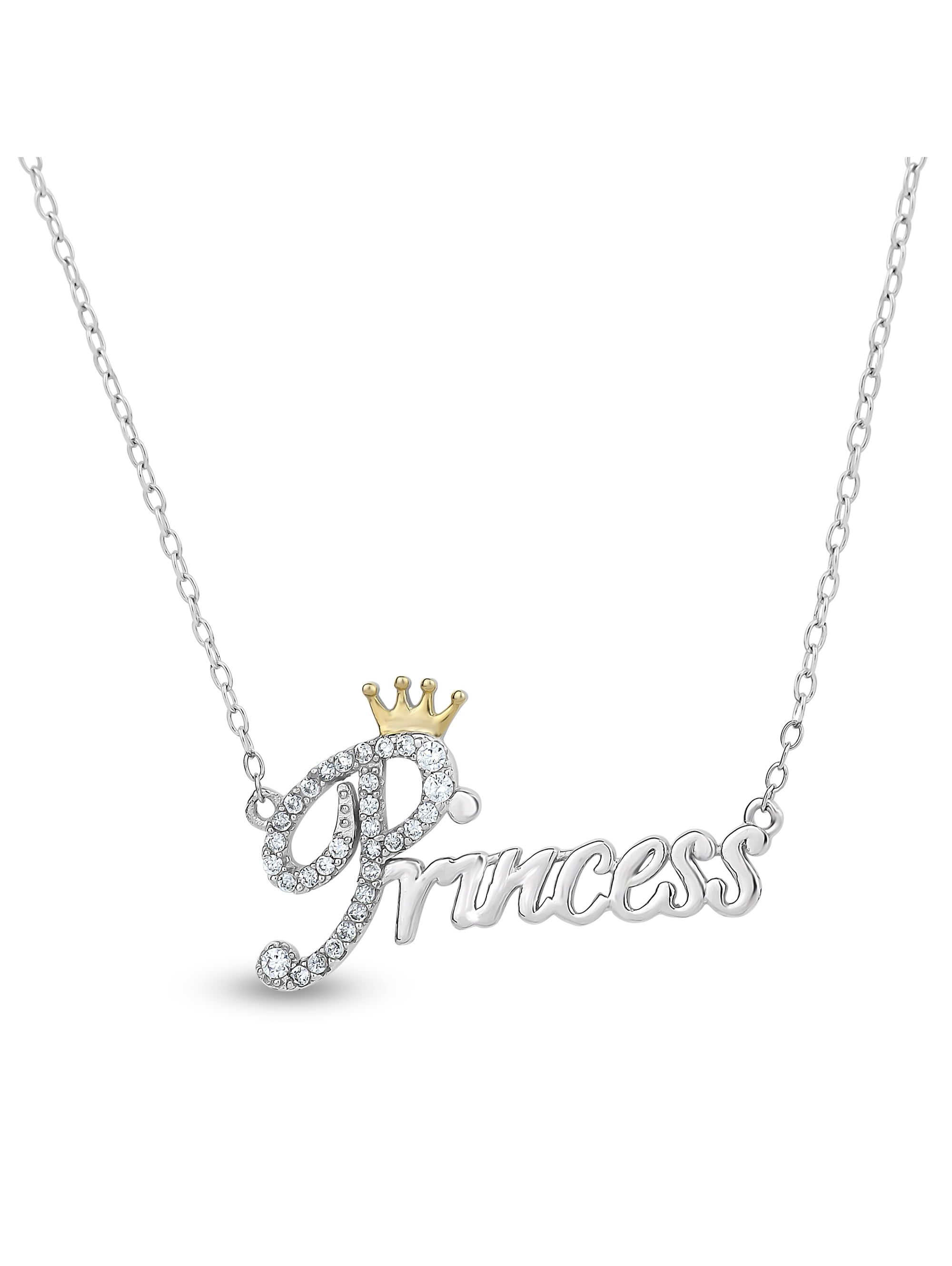 White CZ Sterling Silver and 18kt Gold over Sterling Silver Princess Crown Necklace, 18'