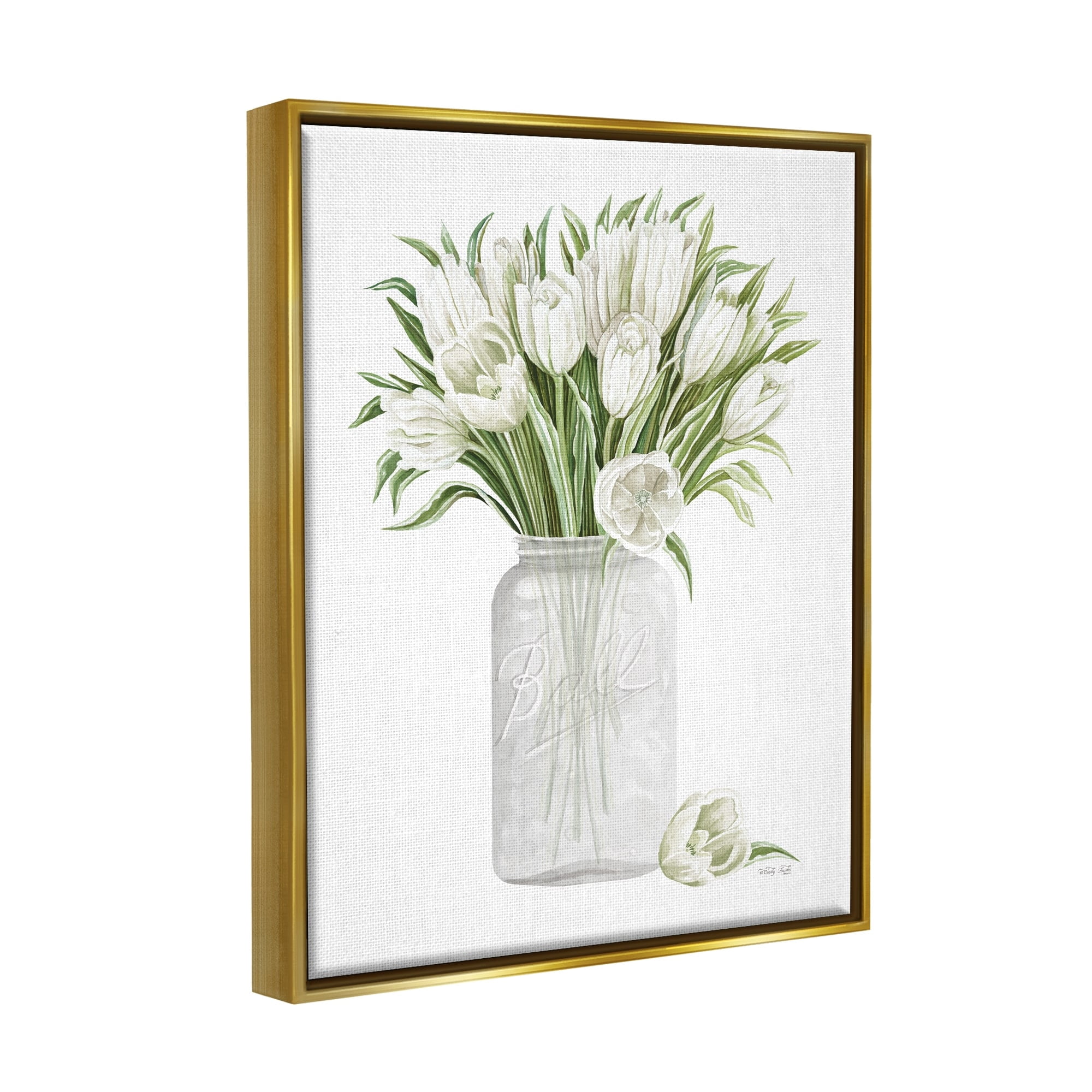 Stupell Industries White Tulips Rustic Country Jar Falling Blooms Painting Metallic Gold Floating Framed Canvas Print Wall Art, Design by Cindy Jacobs