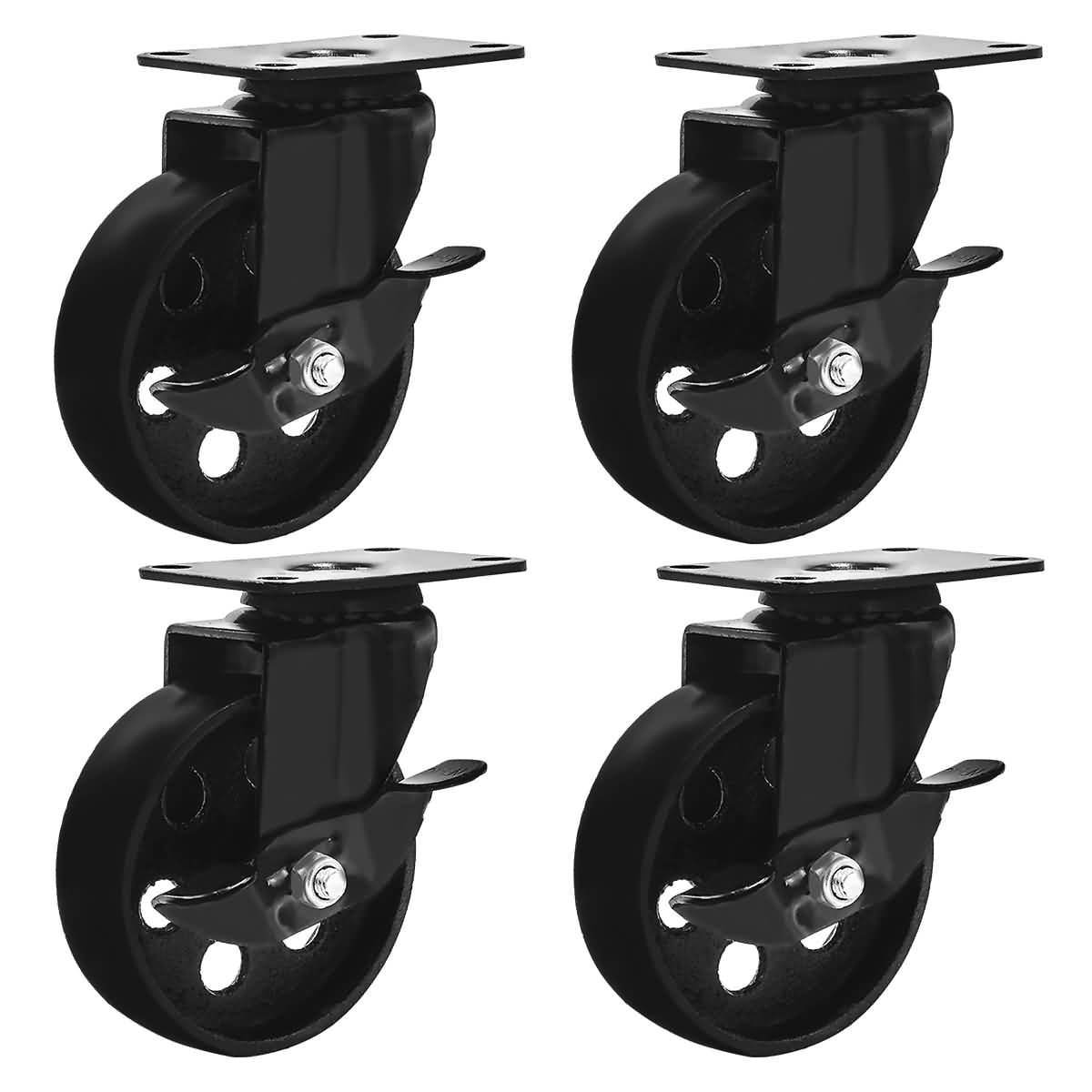 12 All Black Metal Swivel Plate Caster Wheels w/ Brake Heavy Duty 4" Combo 