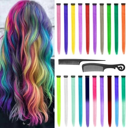 AOWOO 20 Pcs Colored Clip in Hair Extensions, 22 Inch Rainbow Straight Synthetic Hairpieces, Colored Hair Extensions with 2 Comb, Party Straight Highlights Long Hairpieces for Women Kids Girls