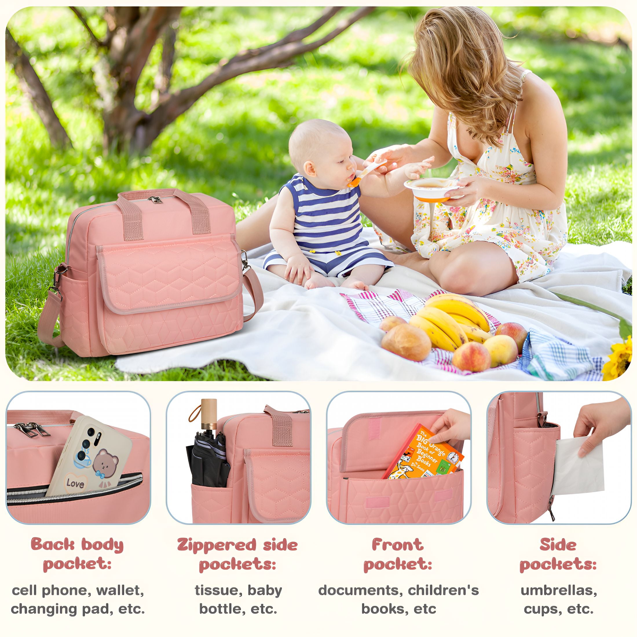 GASTROPOD 2026 New Diaper Bag Tote,Multifunction Baby Diaper Bag with 3 Insulated Pockets,Dry&Wet Compartment,Crossbody Travel Maternity Bag for Mom Dad,Lightweight Shoulder Mommy Bag(Pink)