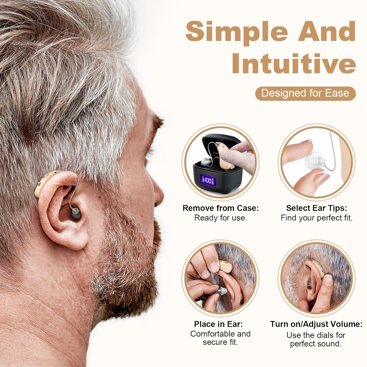 Hearing Aids for Seniors，Rechargeable Hearing Aids with Noise Cancelling,Behind-the-ear RIC Hearing Aids with Real Voice, Invisible Comfortable without Whistling,Charging Box Displaying Power