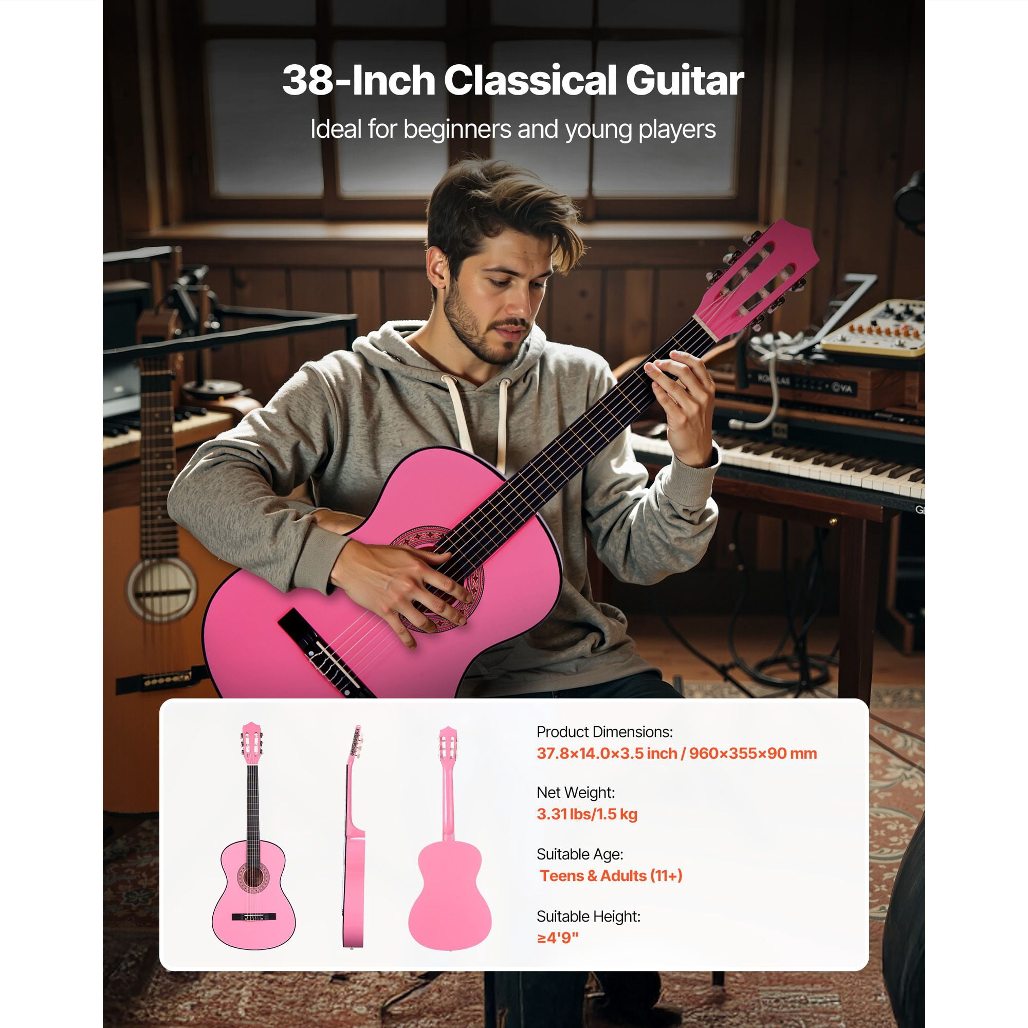 38" Classical Guitar Starter Kit for Beginners, Nylon Strings, Includes Gig Bag, Tuner, Capo, Strap & Picks, Basswood, for Teens Adults, Pink