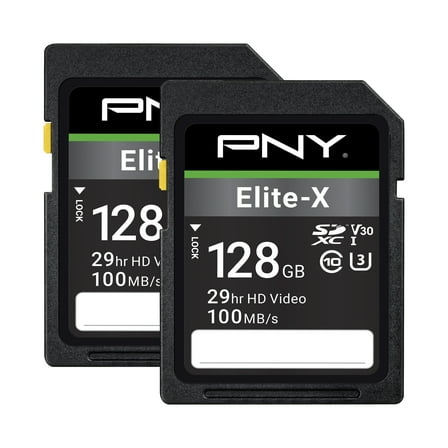 PNY 128GB Elite-X Class 10 U3 V30 SDXC Flash Memory Card, 2 Pack