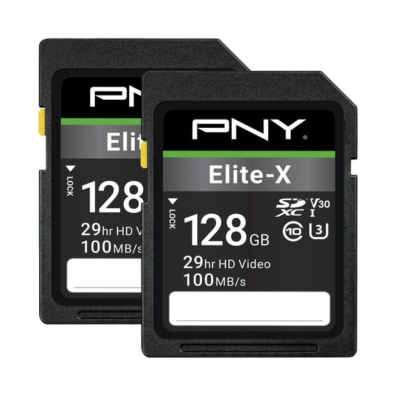 PNY 128GB Elite-X Class 10 U3 V30 SDXC Flash Memory Card, 2 Pack