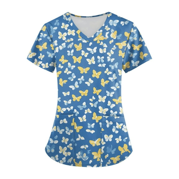 WTOBBY Plus Size Women's Short Sleeve Printed Scrubs Set, V-Neck with Pockets, Animal Floral Design, 2-Piece Nursing Uniform, Medical Workwear for Caregivers,Blue L